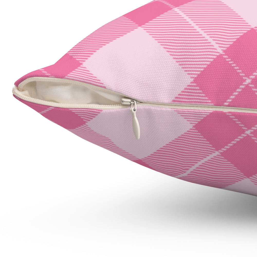 Valentine’s Day pillow cover with pink, red, and white plaid and heart-shaped graphics, perfect for seasonal home decor.