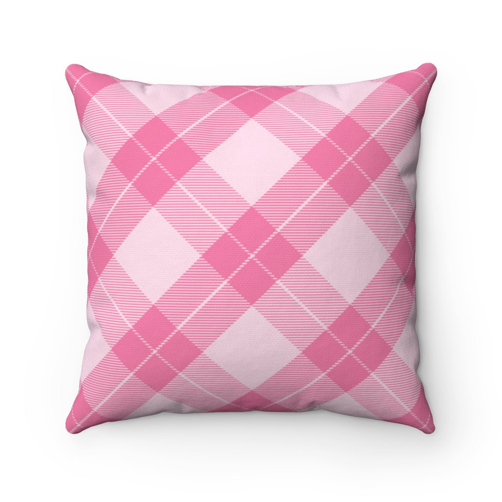 Valentine’s Day pillow cover with pink, red, and white plaid and heart-shaped graphics, perfect for seasonal home decor.