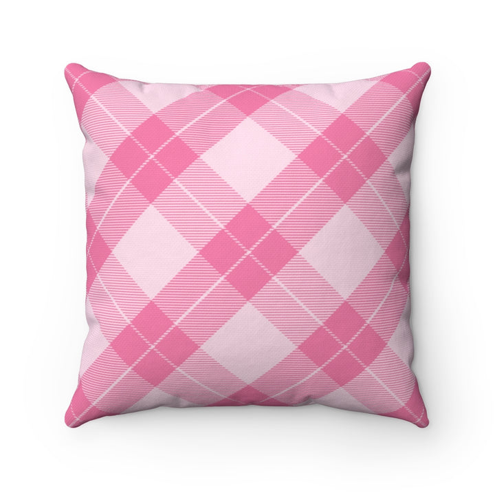 Valentine’s Day pillow cover with pink, red, and white plaid and heart-shaped graphics, perfect for seasonal home decor.