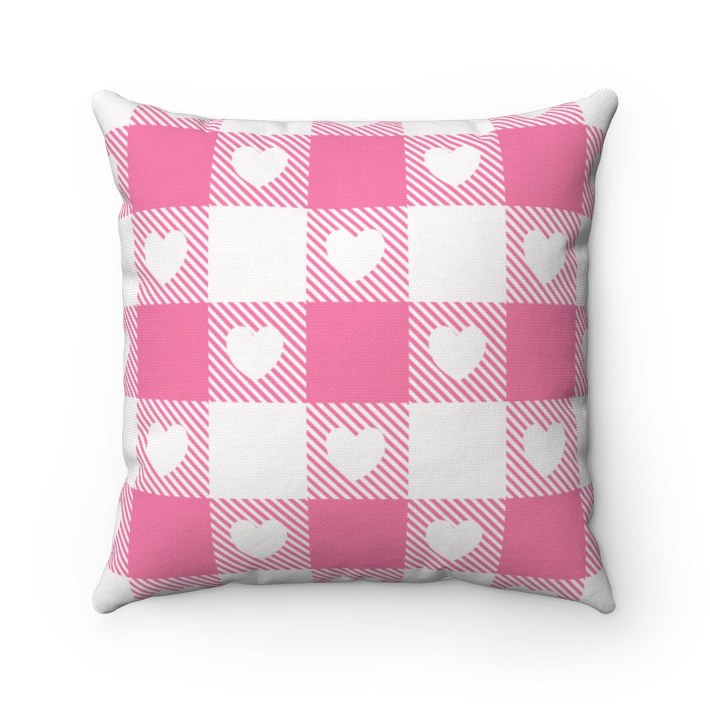 Valentine’s Day pillow cover with pink, red, and white plaid and heart-shaped graphics, perfect for seasonal home decor.