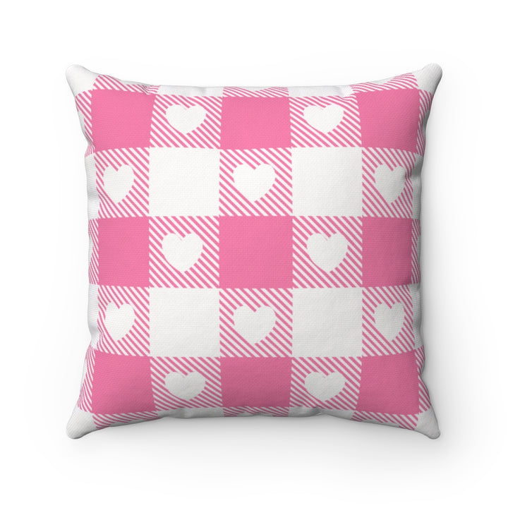 Valentine’s Day pillow cover with pink, red, and white plaid and heart-shaped graphics, perfect for seasonal home decor.