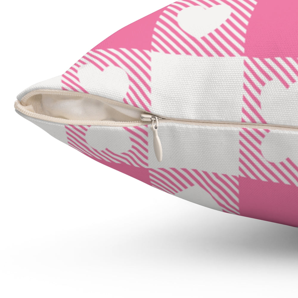 Valentine’s Day pillow cover with pink, red, and white plaid and heart-shaped graphics, perfect for seasonal home decor.