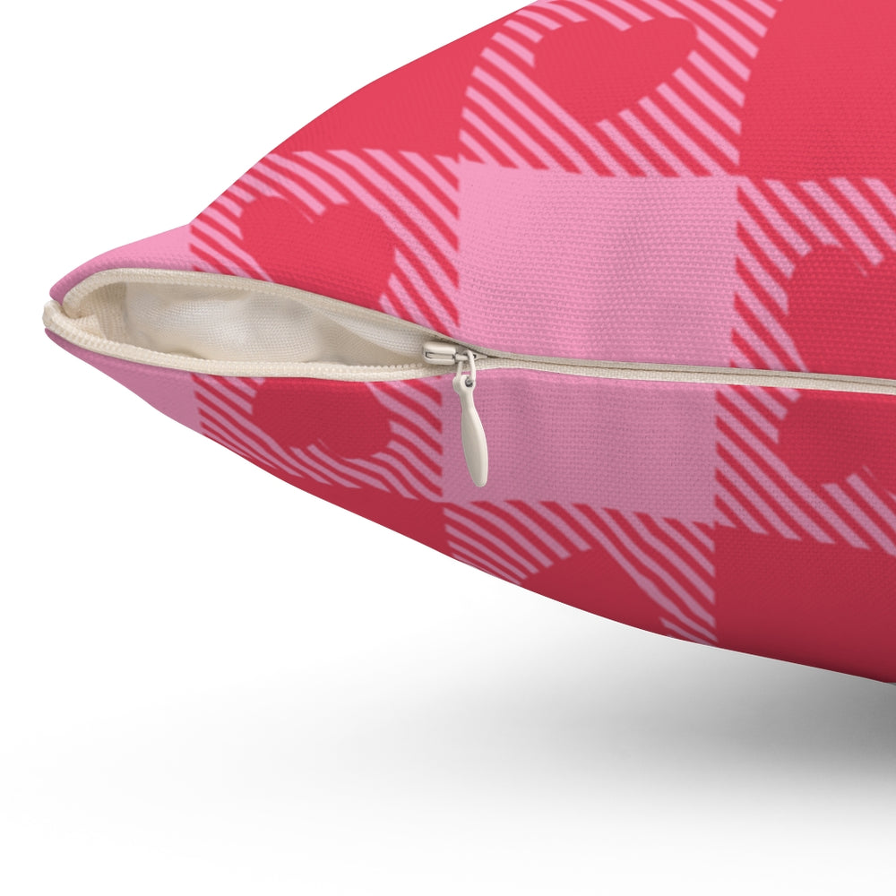 Valentine’s Day pillow cover with pink, red, and white plaid and heart-shaped graphics, perfect for seasonal home decor.