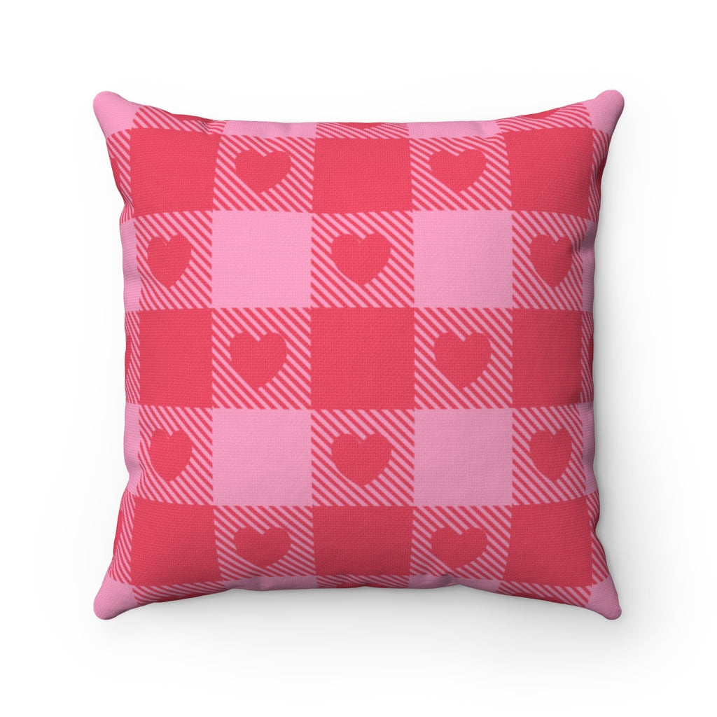 Valentine’s Day pillow cover with pink, red, and white plaid and heart-shaped graphics, perfect for seasonal home decor.