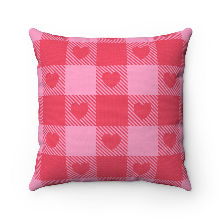 Valentine’s Day pillow cover with pink, red, and white plaid and heart-shaped graphics, perfect for seasonal home decor.