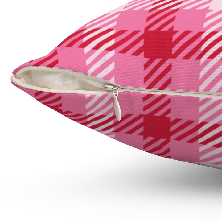 Valentine’s Day pillow cover with pink, red, and white plaid and heart-shaped graphics, perfect for seasonal home decor.