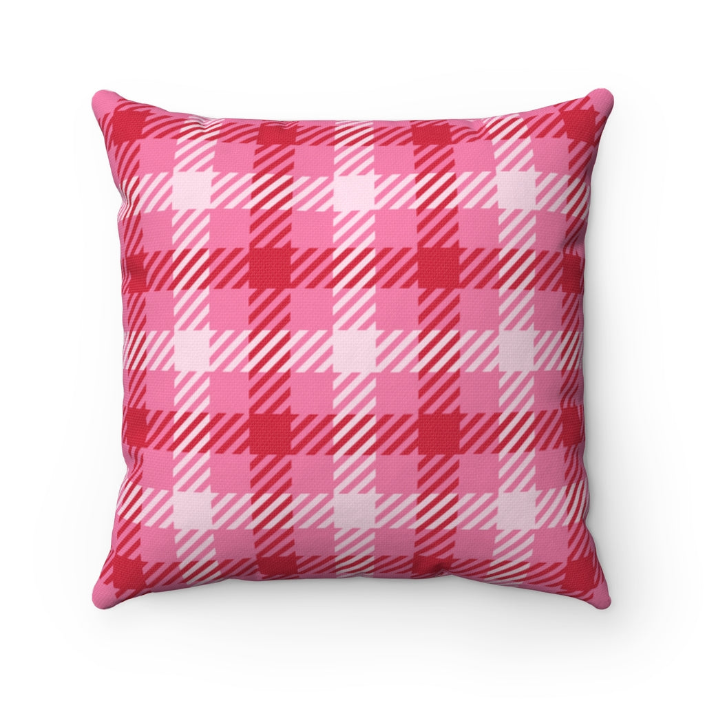Valentine’s Day pillow cover with pink, red, and white plaid and heart-shaped graphics, perfect for seasonal home decor.