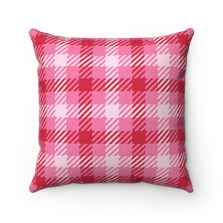 Valentine’s Day pillow cover with pink, red, and white plaid and heart-shaped graphics, perfect for seasonal home decor.