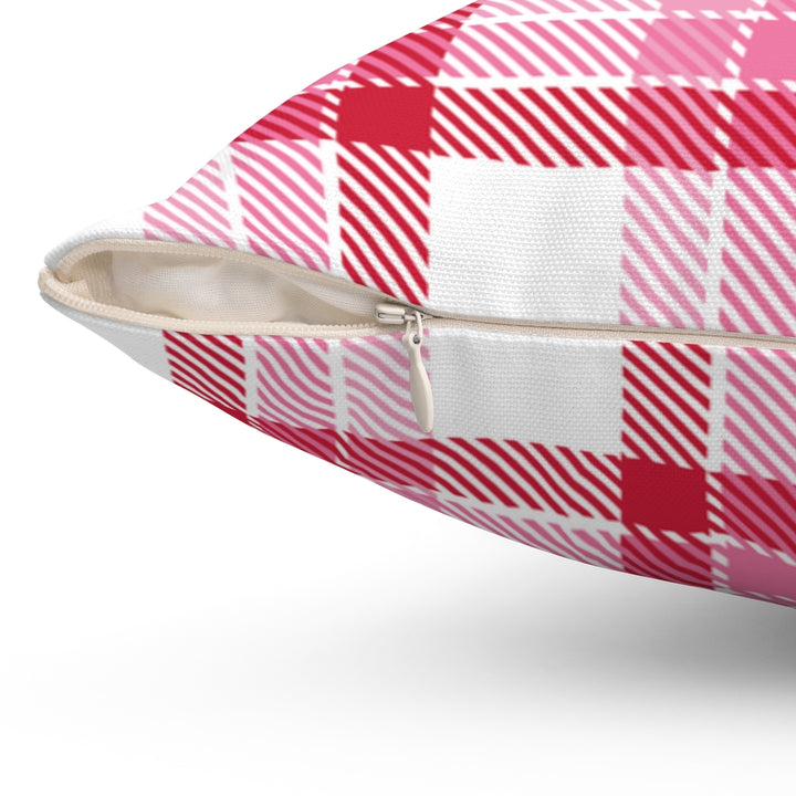 Valentine’s Day pillow cover with pink, red, and white plaid and heart-shaped graphics, perfect for seasonal home decor.
