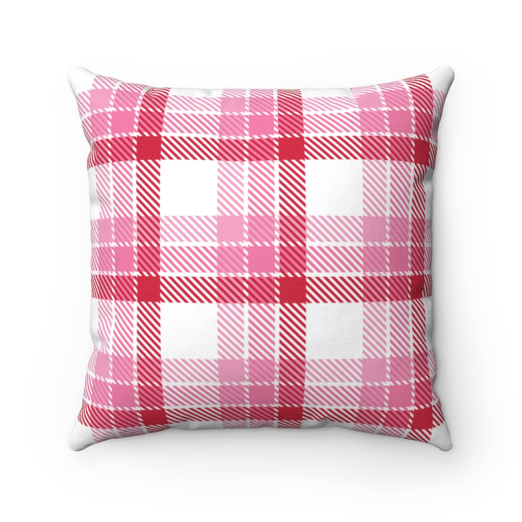 Valentine’s Day pillow cover with pink, red, and white plaid and heart-shaped graphics, perfect for seasonal home decor.