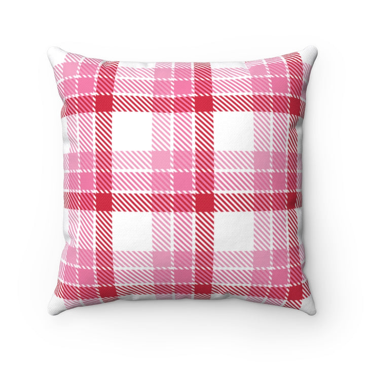 Valentine’s Day pillow cover with pink, red, and white plaid and heart-shaped graphics, perfect for seasonal home decor.