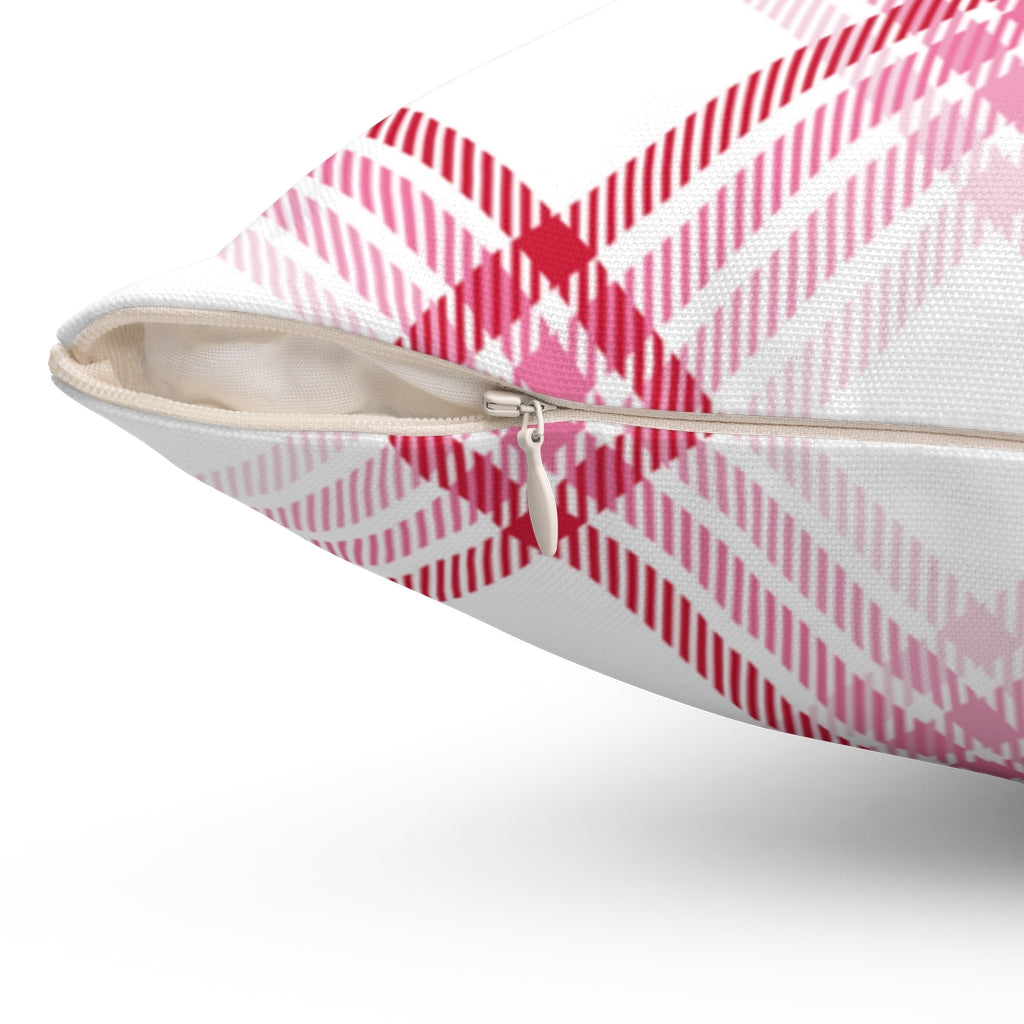 Valentine’s Day pillow cover with pink, red, and white plaid and heart-shaped graphics, perfect for seasonal home decor.