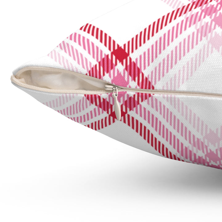 Valentine’s Day pillow cover with pink, red, and white plaid and heart-shaped graphics, perfect for seasonal home decor.