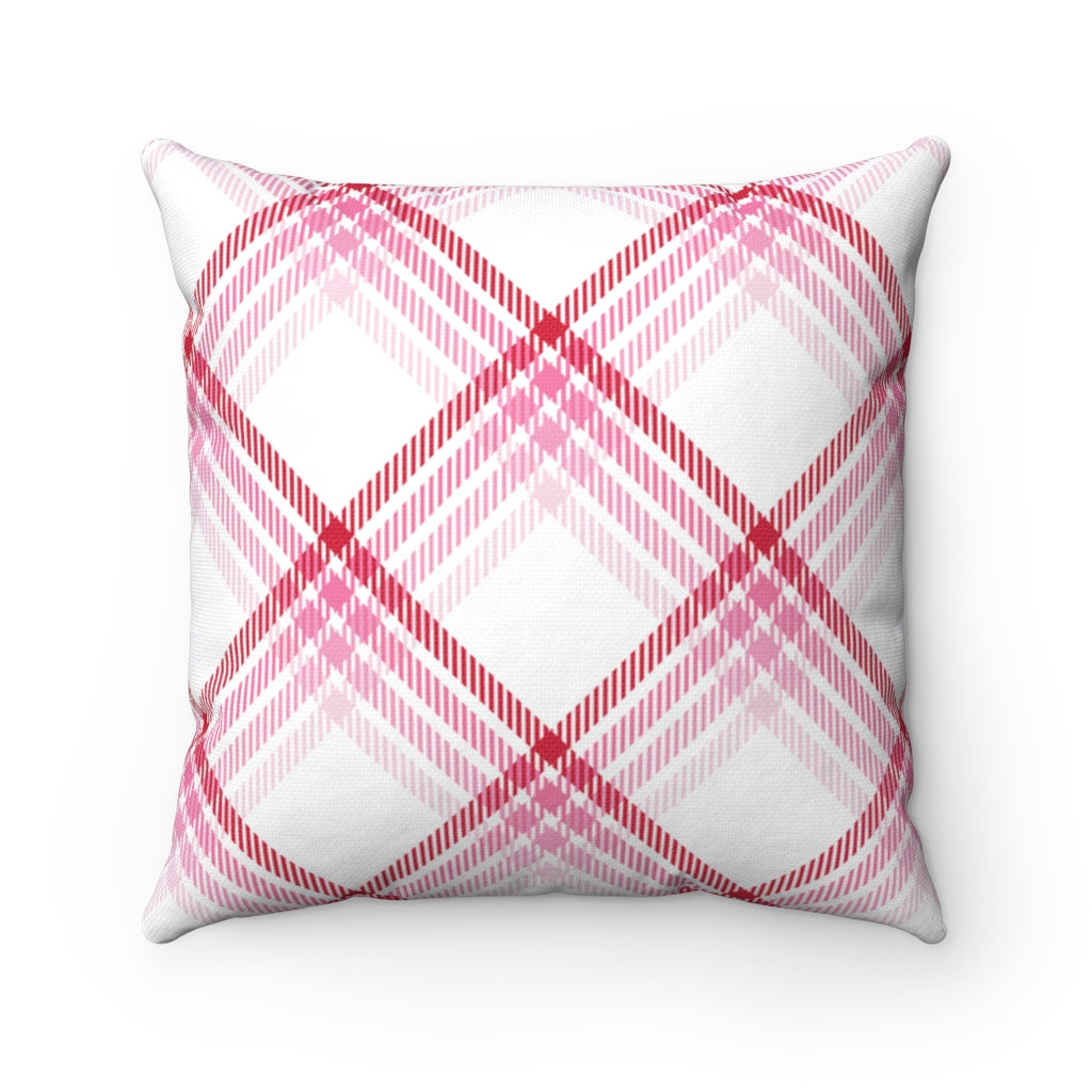 Valentine’s Day pillow cover with pink, red, and white plaid and heart-shaped graphics, perfect for seasonal home decor.