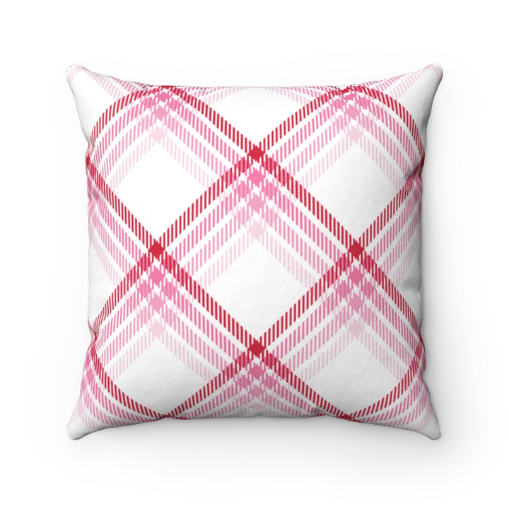 Valentine’s Day pillow cover with pink, red, and white plaid and heart-shaped graphics, perfect for seasonal home decor.