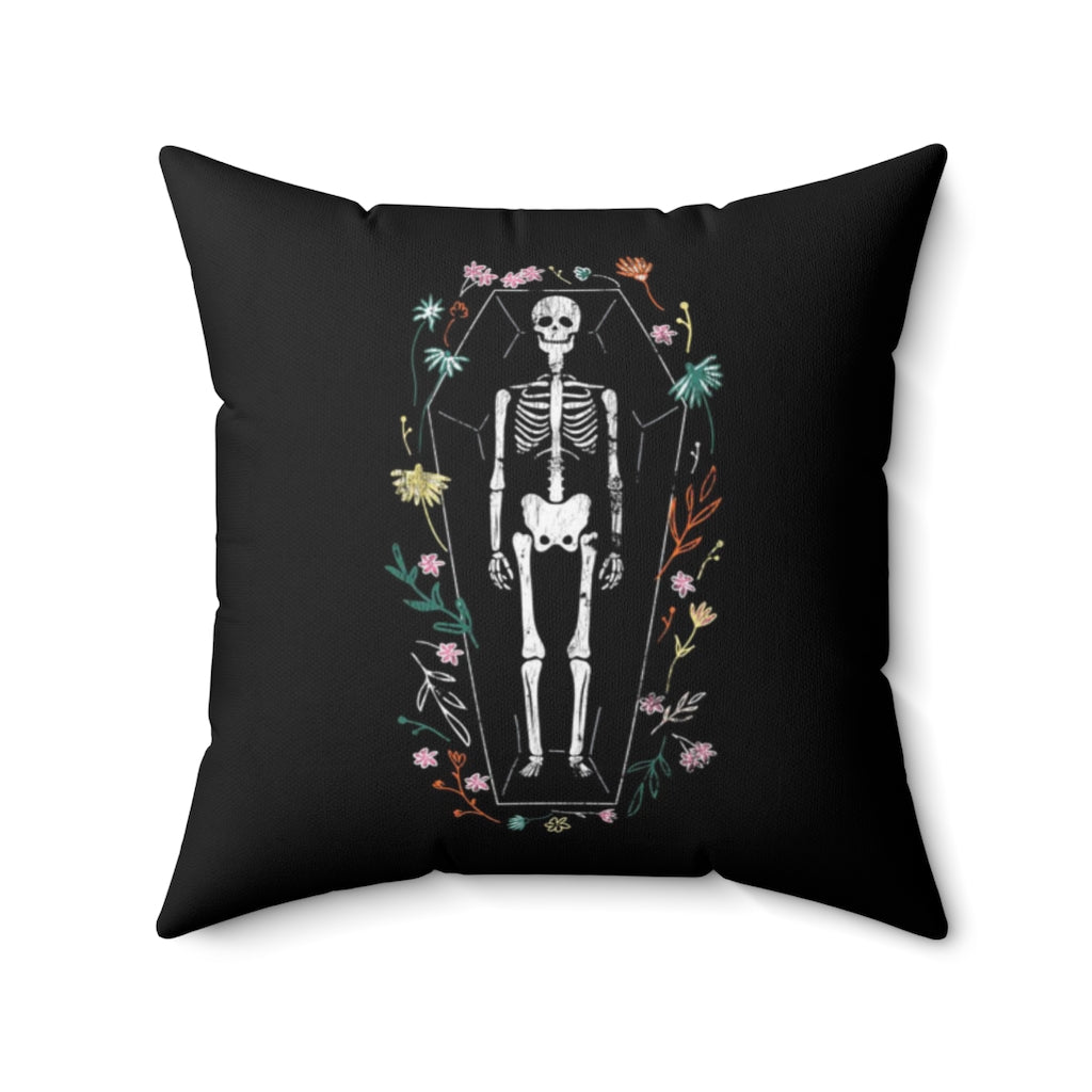 Halloween-themed graphic pillow cover featuring vibrant designs like jack-o-lanterns, spooky cats, skeletons, and skulls, made from soft spun polyester for festive seasonal decor.