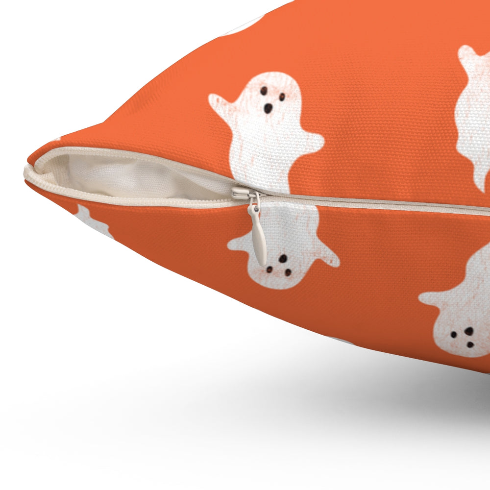 Halloween-themed graphic pillow cover featuring vibrant designs like jack-o-lanterns, spooky cats, skeletons, and skulls, made from soft spun polyester for festive seasonal decor.