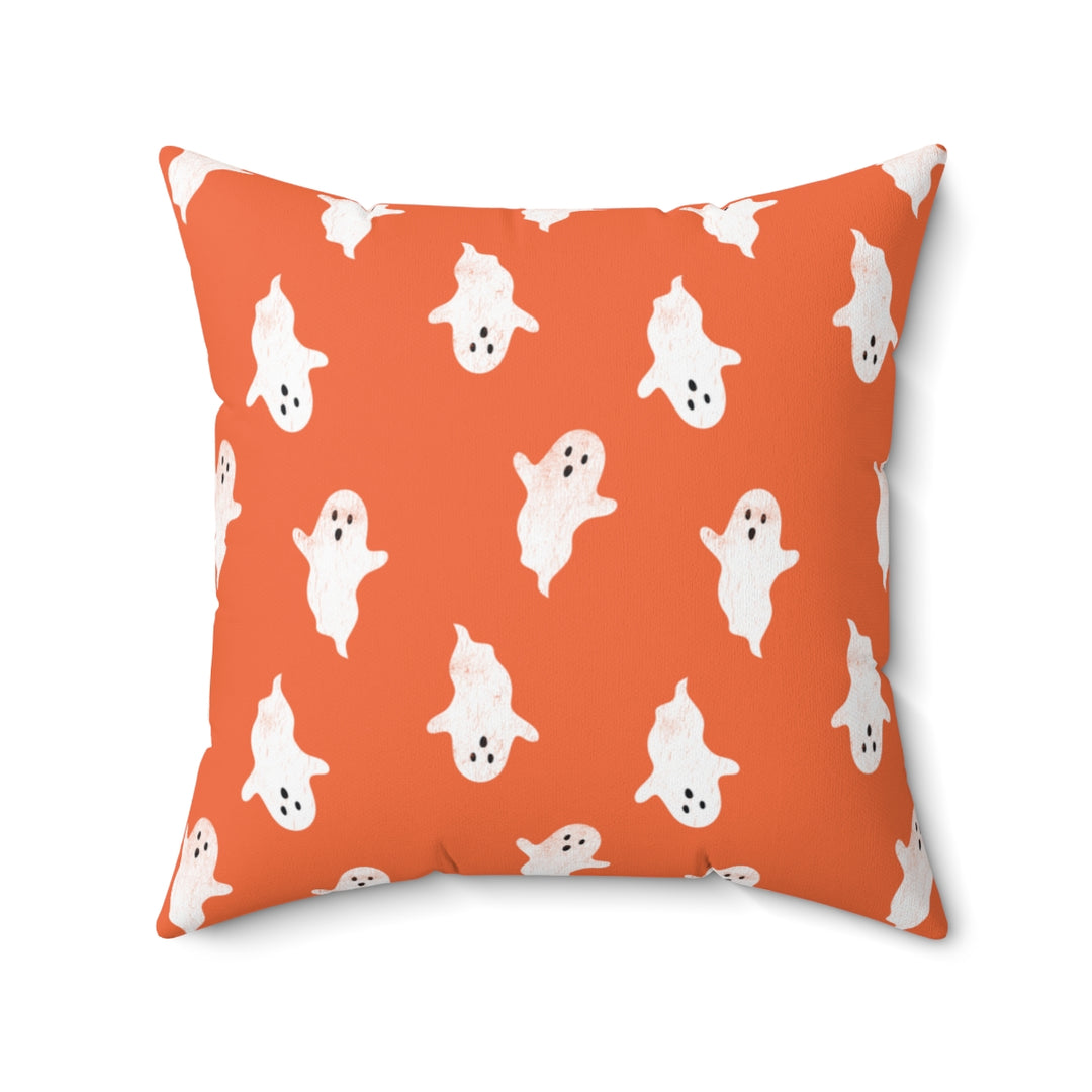 Halloween-themed graphic pillow cover featuring vibrant designs like jack-o-lanterns, spooky cats, skeletons, and skulls, made from soft spun polyester for festive seasonal decor.
