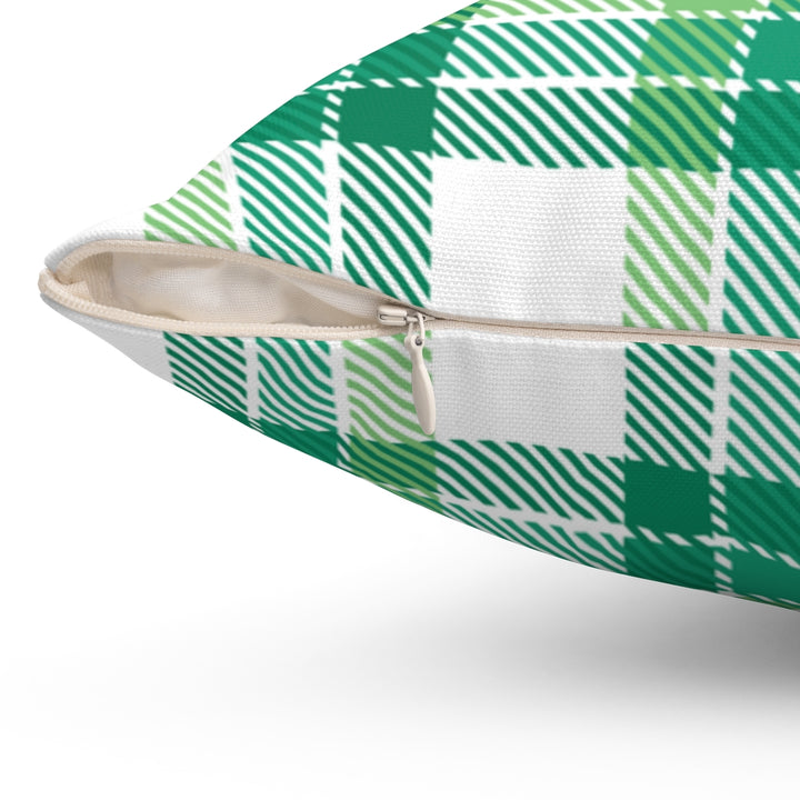 St. Patrick’s Day pillow cover with plaid patterns and Irish-themed graphics, available in 14x14, 16x16, 18x18, and 20x20 inches, perfect for seasonal home decor.