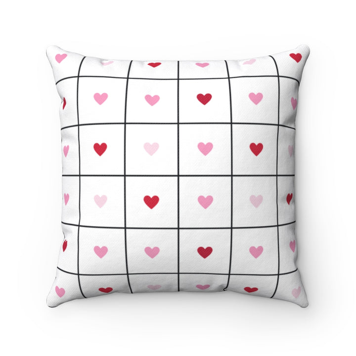 Valentine’s Day pillow cover with pink, red, and white plaid and heart-shaped graphics, perfect for seasonal home decor.